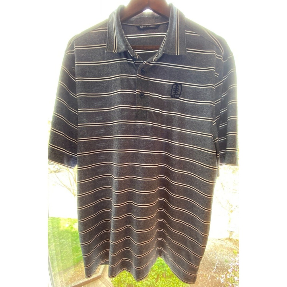 Cutter & Buck Mens L Polo Golf Shirt Striped Blue White Short Sleeve Pine Tree